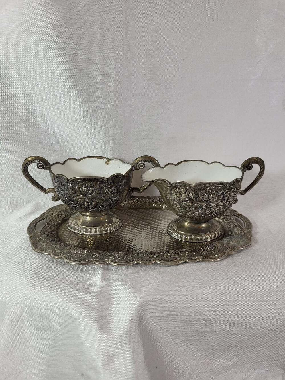 Vintage Silver Plated Floral Repousse Sugar Bowl and Creamer Set with Serving Tr